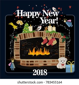vector illustration of new year greeting, with text happy new year and fireplace with christmas symbols, tree, angel, puppy, gift, socks etc. great for invitation card, open card or other prints