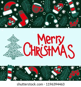 Vector illustration for new year. Hand-drawn image of a doodle Christmas red wear: sock for gifts, hat, mittens on dark green background. With a hand drawn lettering - Merry Christmas