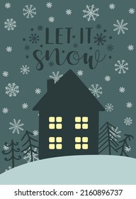 Vector illustration for new year. Hand-drawn image of a cartoon house with glowing windows on a background of the night sky with snowflakes. Inscription Let it snow