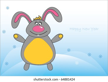 vector illustration of a New Year Happy Bunny with snowflakes