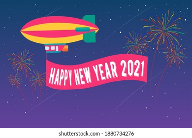 vector or illustration of a new year hot air balloon celebration with a banner that says happy new year 2021 with a sky full of stars and fireworks as the background.  images can be used for posters, 
