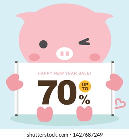 Vector illustration of new year icons for new year event, Pig, luck, pig tail, heart, scrolls, bulletin boards, footnotes, frames, auspices, events, 12 pieces, discount, banner, Oriental.