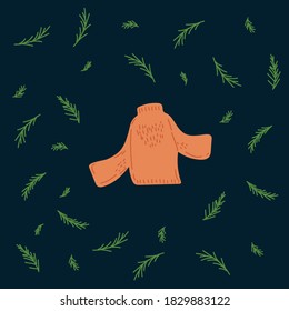 Vector illustration of the New year with a jacket. Picture with a jacket symbol of winter time, in a circle of green Christmas trees. Drawn warm clothes in Doodle style. Happy new year 2021. Vector