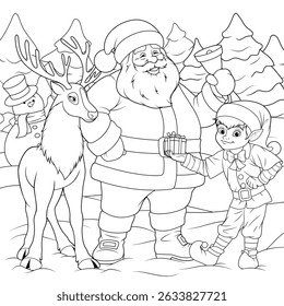 Vector illustration, new year night in the company of santa elf and deer, coloring