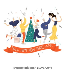 vector illustration of the new year in the office, corporate spirit and celebration, teamwork, new year celebration party

