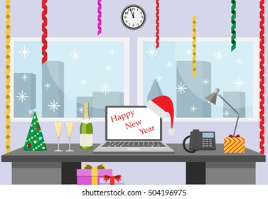 Vector illustration New Year office in flat style. Desk with laptop, lamp, Christmas tree, a bottle of champagne, glasses, phone, cap.