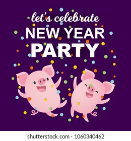 Vector illustration, New Year Party banner with cute cartoon pigs and confetti.