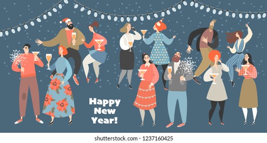 Vector illustration of a new year party with funny people dancing twist and drinking wine. New Year banner