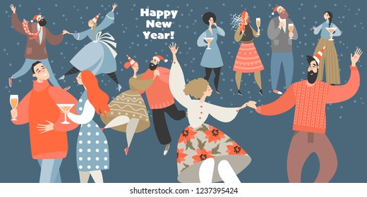 Vector Illustration Of A New Year Party With Funny People Dancing And Drinking Wine. New Year Banner