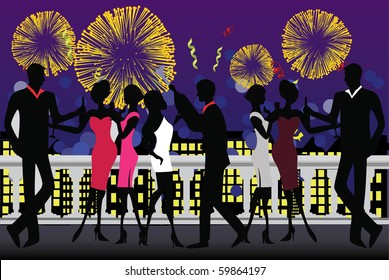 Vector illustration of a new year party celebration with fireworks
