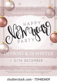 Vector illustration of new year party poster with hand lettering label - happy new year - with hanging christmas baubles and snowflakes.