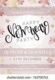 Vector illustration of new year party poster with hand lettering label - happy new year - with stars, sparkles, snowflakes and swirls in rose gold color palette.
