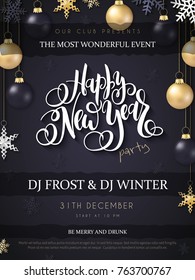 Vector illustration of new year party poster with hand lettering label - happy new year - with hanging christmas bauble and stars.