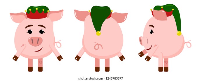 Vector illustration of a new year pig. Pig is the symbol of the new year. New Year 2019. Pig in the cap elf. Santa's elf.