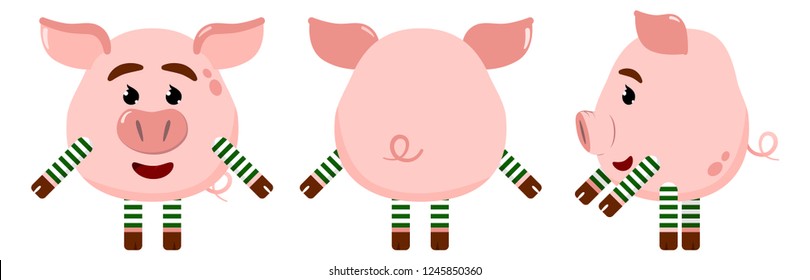 Vector illustration of a new year pig. Pig is the symbol of the new year. New Year 2019. Pig in the cap elf. Santa's elf. Paws in striped clothes. Green and white stripes.