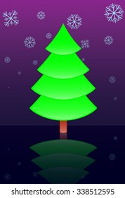 The vector illustration of the New Year pine-tree on the gloss ice, under the falling down snow