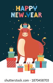 Vector illustration for the new year for poster, background or card. Funny bull and a pile of colorful gift boxes on the background starry sky. Chinese new year symbol 2021. Cute ox cartoon character.