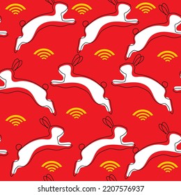 Vector illustration with New Year rabbits seamless pattern on a red background. Symbol of the Chinese 2023 year. Modern trend one line drawing
