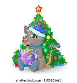 Vector illustration. New year. Rat with a gift in his hands near the Christmas tree. EPS 10