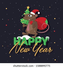 Vector illustration for new year of the rat. A rat in a red hat with a small Christmas tree in its paws and a red gift bag.