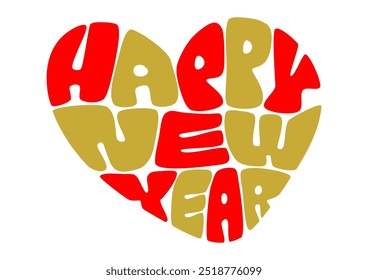 Vector illustration of New Year retro typography. Happy New Year letters in heart shape. Red and gold design.White background.