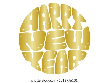 Ilustración vectorial de tipografía retro del Año Nuevo. Letras de Feliz Año Nuevo en forma de círculo. Oro espumoso.  El fondo blanco.
