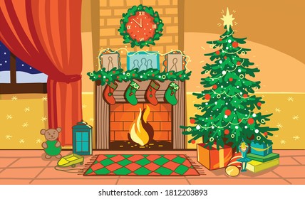 Vector illustration. New year s room with a fireplace, Christmas tree, gifts, snow outside, warm and cozy.