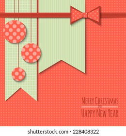 vector illustration. New Year scrapbook paper card with Christmas balls. Red background.