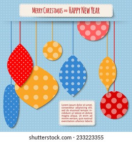 vector illustration. New Year scrapbook paper card with Christmas balls.  light blue background.