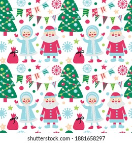 Vector illustration. New Year seamless vector pattern with Christmas tree, Santa Claus, sack, snowflakes, festive flags, Christmas decorations.