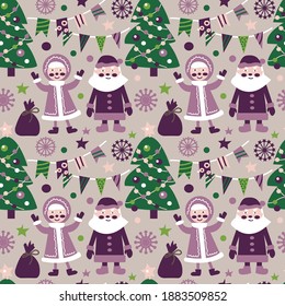 Vector illustration. New Year seamless vector pattern with Christmas tree, Santa Claus, sack, snowflakes, festive flags, Christmas decorations.