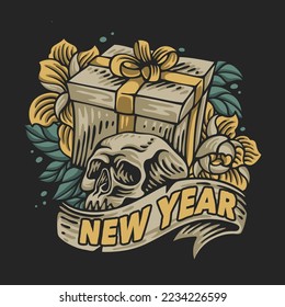 vector illustration new year with a skull gift box and some flowers around it for t shirt design