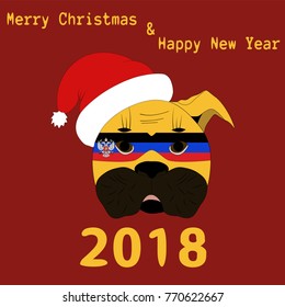 Vector illustration of a New Year symbol 2018 Yellow Dog with carnival mask painted in the colors of the national flag of Donetsk People's Republic with the text of Happy Christmas and Happy New Year