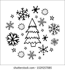Vector illustration of a New Year tree. Drawn by hands, located on a white background. Illustration for the design of postcards, patterns, printing on the theme of winter, New Year, Christmas