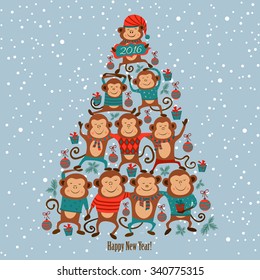  Vector illustration, New Year tree shape with monkeys, symbol of New Year 2016. Good for calendar, notebook cover, poster or party invitations 