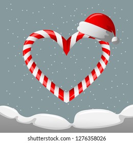 Vector illustration for new year and Valentine's day with candy red heart on snowfall background with Santa Claus hat on snowdrift.