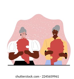 Vector illustration for the new year and Valentines Day. Two old woman lightskinned and darkskinned with grey hair are holding heart puzzles.