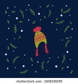 Vector illustration for New year winter hat. Image with a cap with brushes and a drawing on a dark background. In a circle of green Christmas trees and snow. Hand - drawn warm clothing in the style of