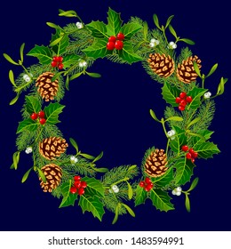 Vector illustration of New Year wreath, decoration cones, green tree branches, holly, Mistletoe, Poinsettia. New Year card.