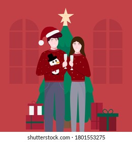 Vector illustration of a new year or xmas party with man and woman drinking champagne, family celebration, greeting card
