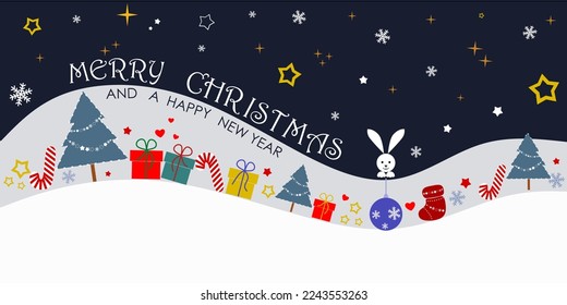 Vector illustration. New Year's background. Christmas trees, gifts, inscription Merry Christmas and New Year. Background, postcard, concept of New Year holidays, Christmas
