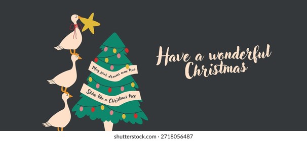 Ilustración vectorial. Fondo del año Nuevo, Anuncio de Navidades, gansos y un árbol de Navidad. Diseño moderno.