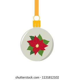 Vector illustration of a New Year's ball with a flower poinsettia on a white background isolated. Template for postcards, placards, icons, logos, labels.