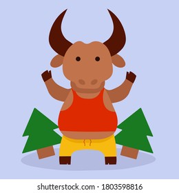 vector illustration. New Year's bull 2021 with christmas tree. Cheerful animal symbol of the year smiles and waves his hand. Christmas cute funny card. Chinese New Year symbol - white metal buffalo
