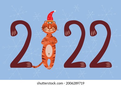 Vector illustration of a New Year's card 2022 with a tiger symbol of the year with a copy of space on a blue background. For postcards, website, banners. Close-up