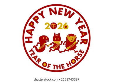 Vector illustration of New Year's card for 2026, Year of the Horse. Zodiac animals running in a relay. Red and gold design. Circular frame.
