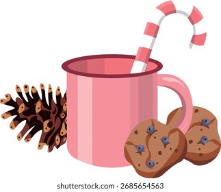 Ilustración vectorial. Taza de Año Nuevo y Navidades con caramelos y galletas. Diseño moderno.