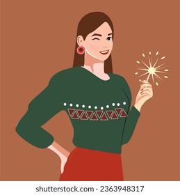 Vector illustration of the new year's concept. A girl in a warm sweater holds a Bengal New Year's fire in her hands. A happy woman celebrates Christmas or New Year. The brunette is smiling