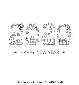 Vector illustration with a New Year's decorative composition 2020 in line art style and the inscription "Happy New Year". Stylish illustration for postcard, sticker, cards.