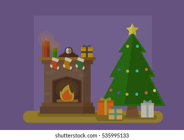 vector illustration New Year's Eve by the fireplace with presents and christmas tree
